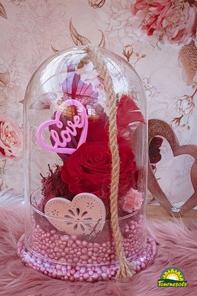 Rose éternelle rouge sous cloche - composition de St Valentin